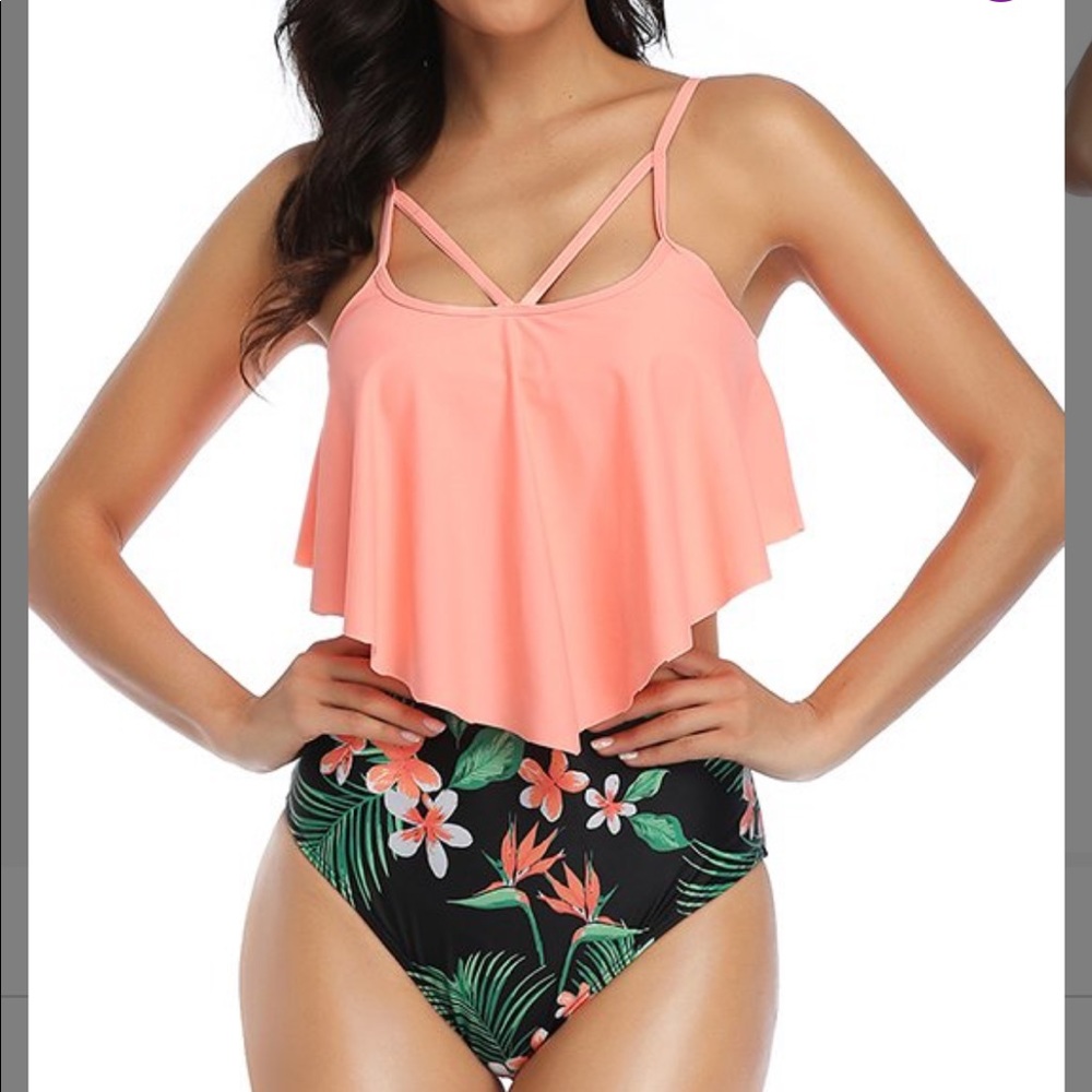 Woman’s pink bikini top with high waisted bottoms size large